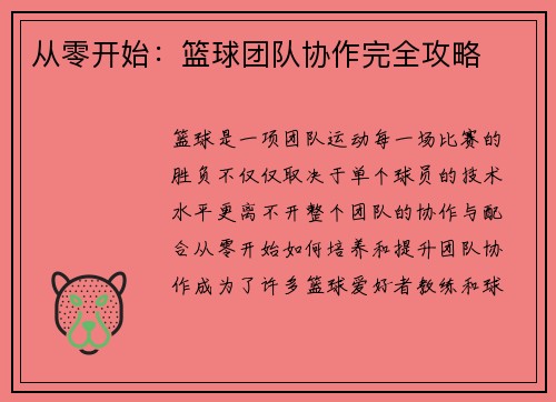 从零开始：篮球团队协作完全攻略