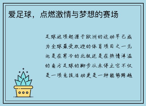 爱足球，点燃激情与梦想的赛场