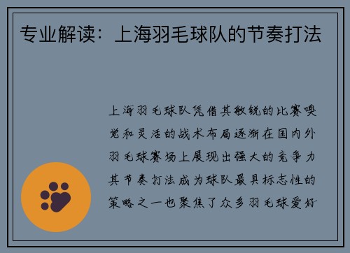 专业解读：上海羽毛球队的节奏打法
