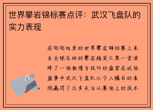 世界攀岩锦标赛点评：武汉飞盘队的实力表现